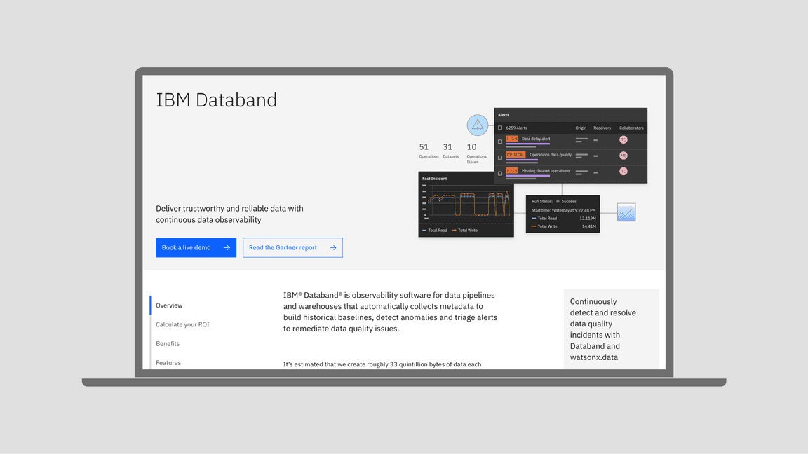 IBM Databand observability software for data pipelines and warehouses hero image on laptop computer